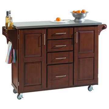 Modern Kitchen Cart, 2 Doors and 4 Utility Drawers With Stainless Stool, Cherry