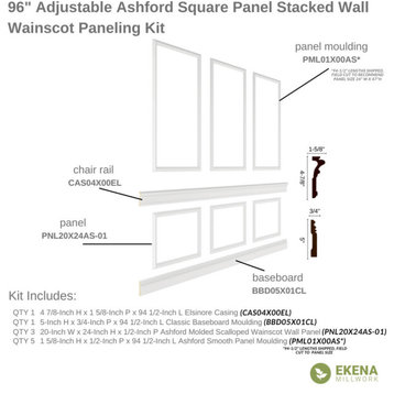 94.5"L Ashford Square Panel Stacked Wall Wainscot Kit, 96-120"H, 20x24" Panels