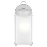 Sea Gull Lighting - Sea Gull New Castle Large 1 Light Outdoor Wall Lantern, White/Satin - The Sea Gull Collection New Castle one light outdoor wall fixture in white enhances the beauty of your property, makes your home safer and more secure, and increases the number of pleasurable hours you spend outdoors. The petite proportions and transitional accents of the New Castle outdoor lighting collection by Sea Gull Collection make these one-light outdoor wall lanterns a versatile selection for your home. Offered in White, Polished Brass, Antique Brushed Nickel, Antique Bronze and Black finishes, in either Satin Etched or Clear glass. Clear bulbs are recommended to use for the best aesthetics for the Clear glass fixtures. Both incandescent lamping and ENERGY STAR-qualified LED lamping options are available for those fixtures with the Satin Etched glass. And the Clear glass fixtures can easily convert to LED by purchasing LED replacement lamps sold separately.