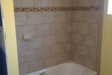 Small beige tile and ceramic tile ceramic tile bathroom photo