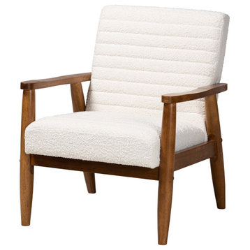 Mid-Century Modern Cream Boucle Fabric Walnut Brown Finished Wood Armchair