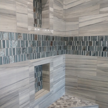Curbless Custom Tile shower, Vanity Backsplash, Tile Base Trim, Tile Floor, etc