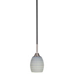 Toltec Lighting - Paramount Mini Pendant, Matte Black & Brushed Nickel, 5" Gray Matrix - Enhance your space with the Paramount 1-Light Mini Pendant. Installation is a breeze - simply connect it to a 120 volt power supply and enjoy. Achieve the perfect ambiance with its dimmable lighting feature (dimmer not included). This pendant is energy-efficient and LED-compatible, providing you with long-lasting illumination. It offers versatile lighting options, as it is compatible with standard medium base bulbs. The pendant's streamlined design, along with its durable glass shade, ensures even and delightful diffusion of light. Choose from multiple finish, color, and glass size variations to find the perfect match for your decor.