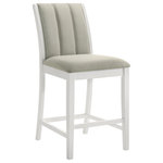 Armen Living - Nolan 26" Matte White Wood Barstool, Fog Fabric, Set of 4 - The Nolan Barstool Collection blends modern sophistication with everyday comfort, offering a versatile seating solution for your kitchen, dining area, or home bar. Available in both counter and bar heights, each stool features a sleek rectangular seat and back cushion, upholstered in soft-touch fabric in elegant tones like cool gray or misty fog. These neutral shades pair beautifully with your choice of richly finished wood, including the bold depth of Dark Roast or the crisp, contemporary look of Matte White.
