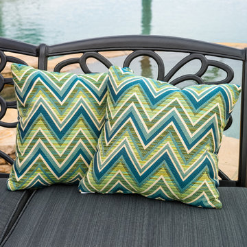 Contemporary Outdoor Space Ft. Geometric Green 17" Outdoor Accent Pillow (Set of