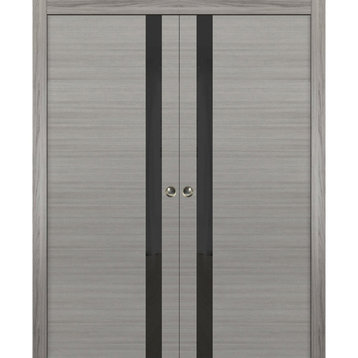 Sliding Double Pocket Doors 60 x 80, Planum 0040 Grey & Black Glass, Rails