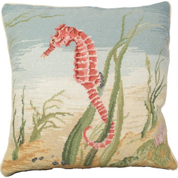 Throw Pillow Needlepoint Sea Horse 18x18 Beige Polly Insert Cotton