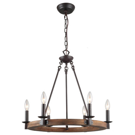 LNC 6-Light Farmhouse Distressed Wood Candle-Style Wagon Wheel Chandelier