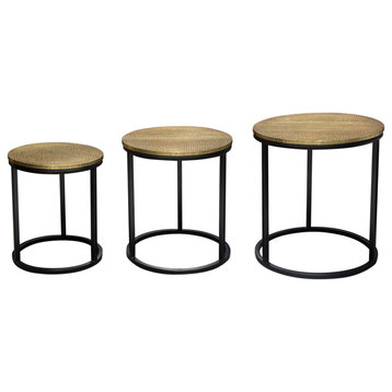 Legion 3PC Nesting Set of Accent Tables w/ Hammered Brass Tops, Black Iron Base