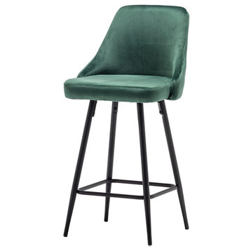 Set of 4 Bar Stool, Tapered Metal Legs With Green Velvet Seat and Curved Back