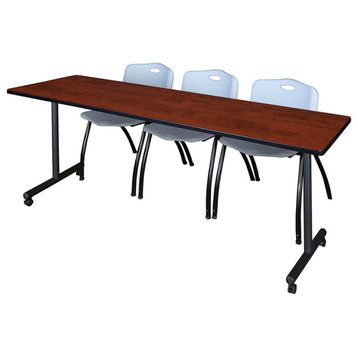 84" x 24" Kobe Mobile Training Table- Cherry & 3 'M' Stack Chairs- Grey