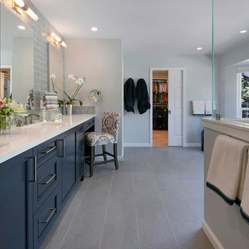 San Ramon Transitional Primary Bathroom Remodel with Dark Blue Cabinetry