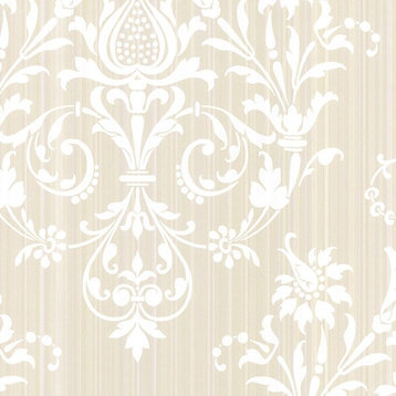 Classic Silks 2, Damask Stripes Silk Emboss White, Cream Wallpaper Roll