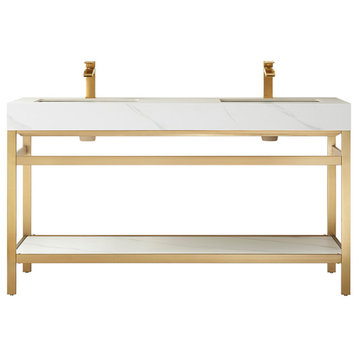 Funes Bath Vanity without Mirror, Brushed Gold Support, 60" Double Sink, White Stone Top