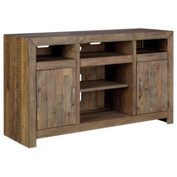 Rustic TV Stand, Pine Wood Construction With Open Shelves and 2 Cabinets, Brown