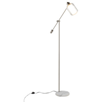 Marcel Floor Lamp, White Marble, Nickel Metal, Frosted Glass, Clear Glass