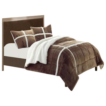 Chloe Plush Microsuede Sherpa Lined Brown King 3-Piece Comforter And Shams Set