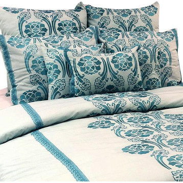 Double Duvet Cover in Sea Green Cotton, Damask Embroidery