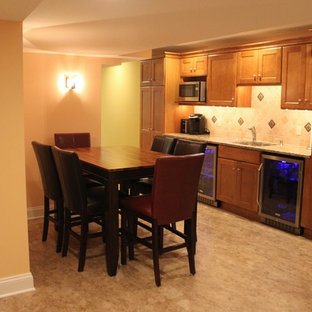 Photo of a medium sized classic fully buried basement in Philadelphia with yellow walls, vinyl flooring, no fireplace and beige floors.