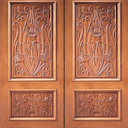 Prehung Double Door, Colonial Hand Carved 2-Panel in Mahogany - Front Doors