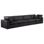 Meridian Furniture - Comfy Upholstered Modular Sofa, Black, 4-Piece: 2 Armless Chair, 2 Corner Chair, Vegan Leather - Give your space a whole new look with this black Comfy vegan leather sofa. This handsome sofa fits nicely with other items in the Comfy collection and is a versatile seating option designed for adaptability, comfort and style. Wrapped in rich black durable vegan leathered upholstery, this sofa offers a plush embrace of overstuffed down feather cushions, carefully crafted to deliver the highest level of comfort. The perfect seat for creating an oasis for relaxation, this sofa has thick foam surrounding its frame for added support and coziness.