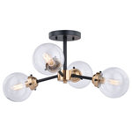 Vaxcel - Orbit 20" Semi Flush Ceiling Light Oil Rubbed Bronze and Muted Brass - The Orbit sputnik collection is characterized with a retro flair. Outstretched arms are punctuated with clear glass globes. Combine that with a vintage Edison style filament bulb to complete the look. Muted brass accents and an oil rubbed bronze finish showcase a familiar look from a mid-century time. This semi flush mount ceiling light is ideal for hallways, living rooms, bedrooms, entryways or utility rooms.