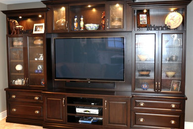 Inspiration for a large timeless formal and open concept ceramic tile living room remodel in Ottawa with gray walls and a wall-mounted tv