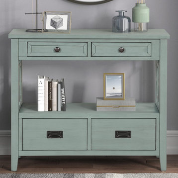 Unique Console Table, Geometric Cut Out Sides & Multiple Drawers, Green