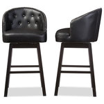 Baxton Studio - Avril Faux Leather Tufted Swivel Barstools With Nail Heads Trim, Black, Set of 2 - Baxton Studio Avril Modern and Contemporary Black Faux Leather Tufted Swivel Barstool with Nail heads Trim. Featuring elegant and sophisticated design, the Avril Swivel Barstool is another piece of our modern and contemporary collection. The barstool has a wide curved button-tufted Seat back. Underneath the Seat, it has a metal plate supporting the swivel mechanism. Four straight legs finished in dark espresso brown and built with solid rubber wood supporting the Seat sturdily. Fully upholstered in faux leather, the wide Seating area is padded throughout for a comfortable reign. There is visible showed stitching's on the back and Seat to enhance the class and elegance of this barstool. The button-tufting and nail heads trim on the edges reconfirm the modern and contemporary design. This piece would fit extremely well in a hotel bar or restaurant bar environment with it swivel function. Made in Malaysia, the barstool is offered in set of two and it requires assembly.