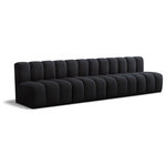 Meridian Furniture - Arc Velvet Upholstered 4-Pc. Modular Sofa, Black - Give your living room or den the perfect blend of style and versatility with this Arc velvet fabric curved modular Sectional. Part of the Arc modular furniture collection, this Sectional comes upholstered in rich black velvet fabric and features deep channel tufting that adds a touch of luxury while enhancing comfort and support. A seamless combination of form and function, this chair can be used with other Arc pieces to create a myriad of configurations in your well-curated room.
