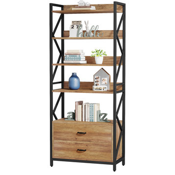 70.8" Industrial Bookcase With 2 Drawers, 5 Shelf Open Shelf for Storage