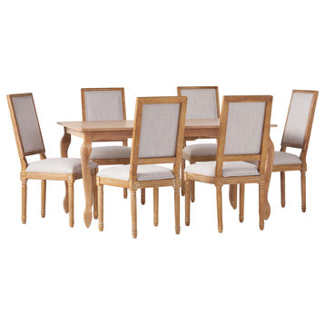 Fernleaf French Country Fabric Upholstered Wood Expandable 7-Piece Dining Set, Natural Brown/Light Gray