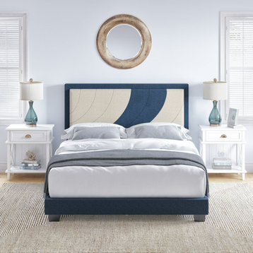 Contemporary Platform Bed, Unique Patterned Linen Headboard, White/Blue, Queen