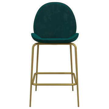 Upholstered Green Velvet Counter Stool with Brass Metal Leg