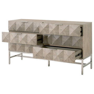 Atlas 6-Drawer Double Dresser, Natural Gray Acacia, Brushed Stainless Steel