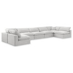 Meridian Furniture - Comfy Upholstered U-Shaped Modular Sectional, Cream, 7-Piece: 5 Armless Chair, 2 Corner Chair, Velvet - Give your space a whole new look with this cream Comfy velvet sectional. This handsome sectional fits nicely with other items in the Comfy collection and is a versatile seating option designed for adaptability, comfort and style. Wrapped in rich cream durable velvet upholstery, this sectional offers a plush embrace of overstuffed down feather cushions, carefully crafted to deliver the highest level of comfort. The perfect seat for creating an oasis for relaxation, this sectional has thick foam surrounding its frame for added support and coziness.