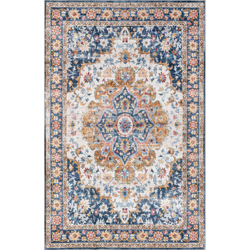 nuLOOM Emi Traditional Stain-Resistant Washable Area Rug, Blue Multi 5' x 8'