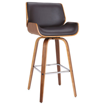 Tyler Mid-Century Swivel Stool,  Faux Leather With Wood Frame, Brown and Walnut, Bar Height 30"