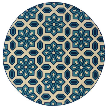 Coronado Indoor and Outdoor Geometric Ivory and Blue Rug, 7'10" Round