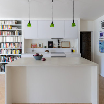 Cuisine ouverte — îlot central et bibliothèque sur mesure, Paris