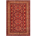 Bareens Designer Rugs - Tribal Super Kazak Rick Red/Tan Wool Rug - 7'8'' x 11'2'' - Embellish your home with this exquisitely hand-knotted Kazak Rug made with the finest hand spun wool and all vegetable dyes. Demonstrating incredible attention to detail, this hand-knotted masterpiece features an intricate Kazak pattern in a classic color palette. Made in the Caucasian designs from Russia and the northern Persian empire, each Kazak incorporates distinctive tribal flavor with elements such as the stepped hooted polygons, geometrical medallions, animals and rosettes. The straight, clean lines and bold tones embody the weaving style of the Armenian and Afghani weavers known for these iconic designs. This magnificent rug featuring soft luscious pile and is made with handspun wool and natural dyes to produces soft luminous shades causing a beautiful sheen. With geometric designs and bold vibrant saturated colors predominately blues, reds, greens, and gold make a bold statement in any decor. The construction technique used ensures that the designs and colors Ae capable to withstand heavy traffic area.