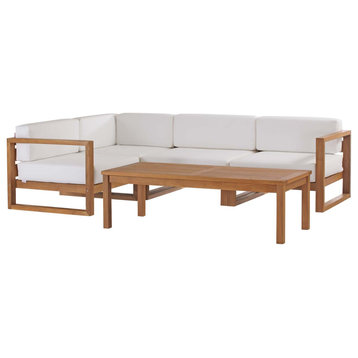 Sectional Sofa Chair Table Set, White Natural, Teak Wood, Modern, Outdoor Patio