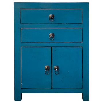 Chinese Distressed Bold Bolection Blue 2 Drawers End Table Nightstand Hcs7424