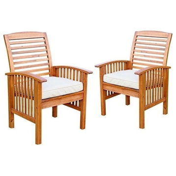 Pemberly Row Wood Patio Chair in Brown with Cushion (Set of 2)