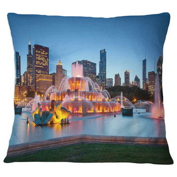 Colorful Buckingham Fountain Cityscape Throw Pillow, 16"x16"