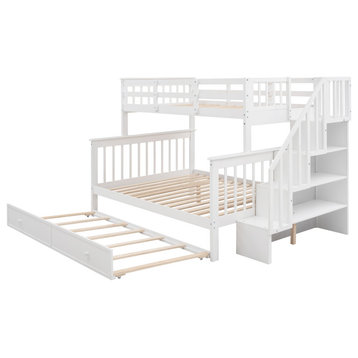 Gewnee Wood Twin-Over-Full Bunk Bed with Trundle and Stairway, White