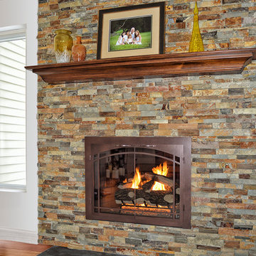 Stacked stone fireplace reface