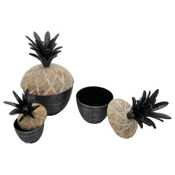 14, 12, 11" Lidded Jar, Pineapple Design, Gray Mango Wood, Set of 3