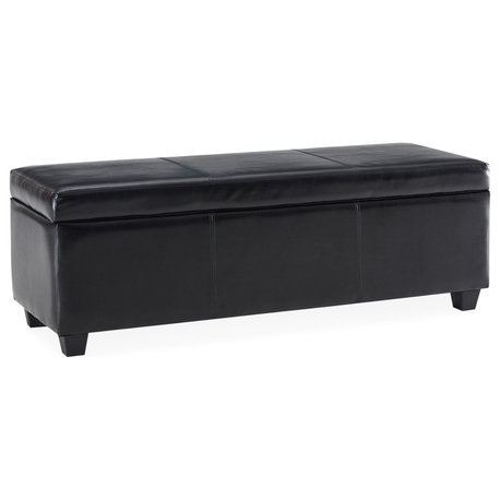 48" Elegant Leather/Linen Rectangular Storage Ottoman, Black