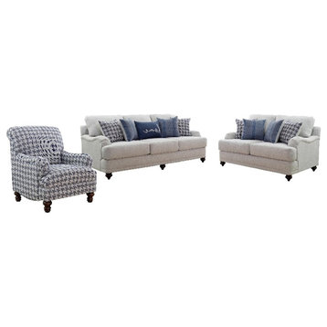 Pemberly Row 3Pcs Transitional Recessed Arms Upholstery Fabric Sofa Set - Gray